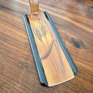 Studio Art Pottery Open Butter Dish with Handle Wheat Design Glazed EUC Signed